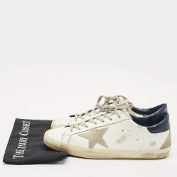 Pre Owned Golden Goose White/Navy Blue Leather Super Star Sneakers Size 42
