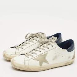 Pre Owned Golden Goose White/Navy Blue Leather Super Star Sneakers Size 42