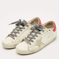 Pre Owned Golden Goose White Leather and Patent Leather Super Star Lace Up Sneakers Size 37