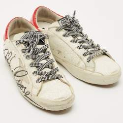 Pre Owned Golden Goose White Leather and Patent Leather Super Star Lace Up Sneakers Size 37