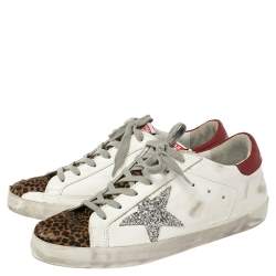 Pre Owned Golden Goose White/ Brown Leather and Calf Hair Superstar Lace Up Sneakers Size 40