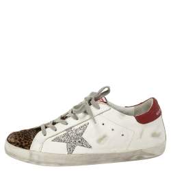 Pre Owned Golden Goose White/ Brown Leather and Calf Hair Superstar Lace Up Sneakers Size 40