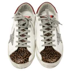 Pre Owned Golden Goose White/ Brown Leather and Calf Hair Superstar Lace Up Sneakers Size 40