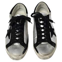 Pre Owned Golden Goose Silver/Black Leather And Suede Superstar Low-Top Sneakers Size 41