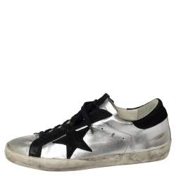 Pre Owned Golden Goose Silver/Black Leather And Suede Superstar Low-Top Sneakers Size 41
