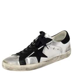 Pre Owned Golden Goose Silver/Black Leather And Suede Superstar Low-Top Sneakers Size 41