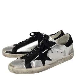 Pre Owned Golden Goose Silver/Black Leather And Suede Superstar Low-Top Sneakers Size 41