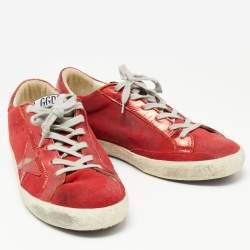 Pre Owned Golden Goose Red Suede And Leather Superstar Lace Up Sneakers Size 41