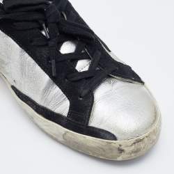 Pre Owned Golden Goose Silver/Black Leather and Suede Superstar Low-Top Sneakers Size 39