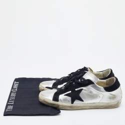 Pre Owned Golden Goose Silver/Black Leather and Suede Superstar Low-Top Sneakers Size 39