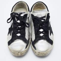 Pre Owned Golden Goose Silver/Black Leather and Suede Superstar Low-Top Sneakers Size 39
