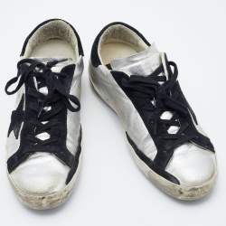 Pre Owned Golden Goose Silver/Black Leather and Suede Superstar Low-Top Sneakers Size 39