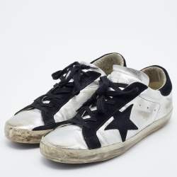 Pre Owned Golden Goose Silver/Black Leather and Suede Superstar Low-Top Sneakers Size 39