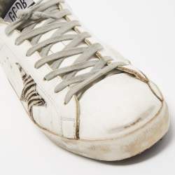 Pre Owned Golden Goose White/Brown Leather and Leopard Print Calf Hair Superstar Sneakers Size 45