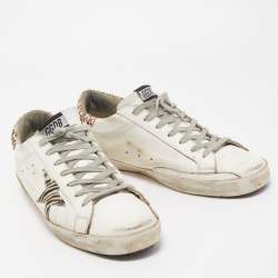 Pre Owned Golden Goose White/Brown Leather and Leopard Print Calf Hair Superstar Sneakers Size 45