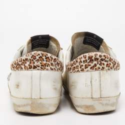 Pre Owned Golden Goose White/Brown Leather and Leopard Print Calf Hair Superstar Sneakers Size 45