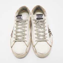 Pre Owned Golden Goose White/Brown Leather and Leopard Print Calf Hair Superstar Sneakers Size 45