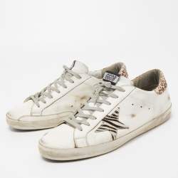 Pre Owned Golden Goose White/Brown Leather and Leopard Print Calf Hair Superstar Sneakers Size 45