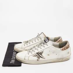 Pre Owned Golden Goose White/Brown Leather and Leopard Print Calf Hair Superstar Sneakers Size 45