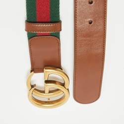 Gucci Brown Web Canvas and Leather GG Marmont Buckle Belt 95CM