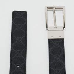 Pre Owned Gucci Black GG Supreme Canvas and Leather Buckle Reversible Belt 100CM