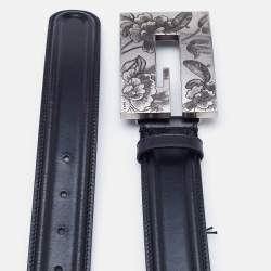 Pre Owned Gucci Black Leather Floral Wide G Buckle Belt 80CM