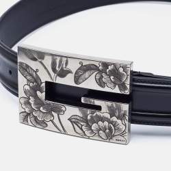 Pre Owned Gucci Black Leather Floral Wide G Buckle Belt 80CM