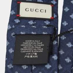 Pre Owned Gucci Navy Blue Logo Silk Jacquard Bee Detail TIe