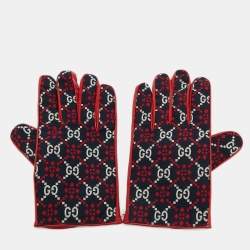 Pre Owned Gucci Gloves L Navy Blue/Red Diamond GG Canvas and Leather 10.5 / L