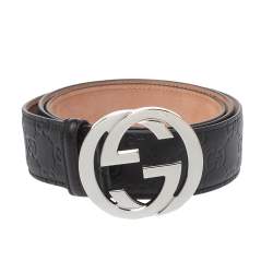 Pre Owned Gucci Black Guccissima Leather Interlocking GG Buckle Belt 100CM