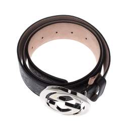 Pre Owned حزلم غوتشي إبزيم G متداخل جلد غوتشيسيما أسود مقاس 80 سم