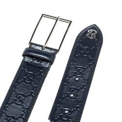 Pre Owned Gucci Navy Blue Guccissima Leather GG Detail Signature Belt 90CM