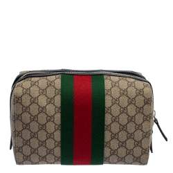 Pre Owned Gucci Beige/Balck GG Supreme Canvas and Leather Web Toiletry Pouch