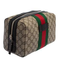 Pre Owned Gucci Beige/Balck GG Supreme Canvas and Leather Web Toiletry Pouch
