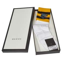 Pre Owned Gucci White Wolf Patch Detail Striped Cotton Socks Size M