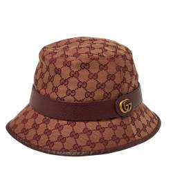 Pre Owned Gucci Burgundy Monogram Canvas Leather Trim Bucket Hat L