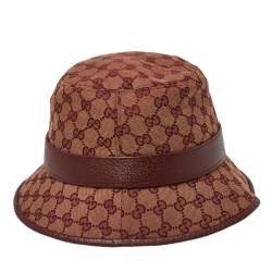 Pre Owned Gucci Burgundy Monogram Canvas Leather Trim Bucket Hat L