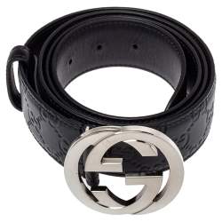 مملوكة مسبقًا Gucci Black Guccissima Leather Interlocking G Buckle Belt 110CM