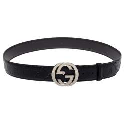 مملوكة مسبقًا Gucci Black Guccissima Leather Interlocking G Buckle Belt 110CM