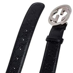 مملوكة مسبقًا Gucci Black Guccissima Leather Interlocking G Buckle Belt 110CM