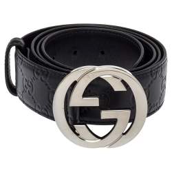 مملوكة مسبقًا Gucci Black Guccissima Leather Interlocking G Buckle Belt 110CM