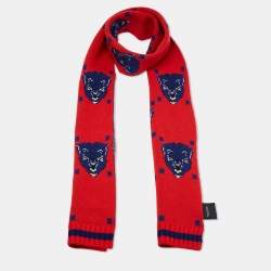 Pre Owned Gucci Red Bengal Tiger Jacquard Knit Wool Scarf 