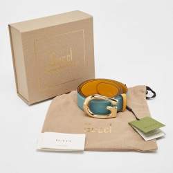Pre Owned Gucci Mustard/Blue Leather Memorable G Buckle Belt 100CM