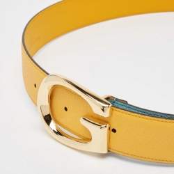 Pre Owned Gucci Mustard/Blue Leather Memorable G Buckle Belt 100CM