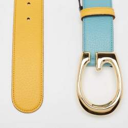 Pre Owned Gucci Mustard/Blue Leather Memorable G Buckle Belt 100CM