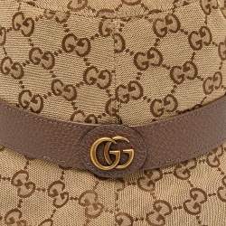 Pre Owned Gucci Brown GG Monogram Leather Trim Canvas Bucket Hat L