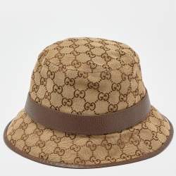 Pre Owned Gucci Brown GG Monogram Leather Trim Canvas Bucket Hat L