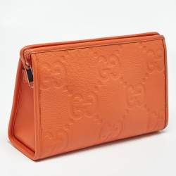 Pre Owned Gucci Neon Orange Jumbo GG Leather Medium Pouch
