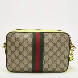 Pre Owned Gucci Neon Green/Beie GG Supreme Canvas and Leather Ophidia Crossbody Bag