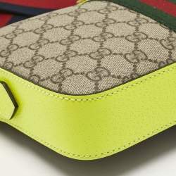 Pre Owned Gucci Neon Green/Beie GG Supreme Canvas and Leather Ophidia Crossbody Bag